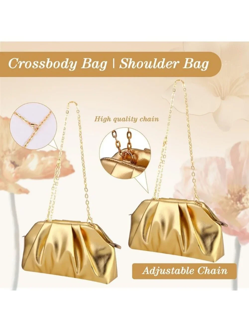 Women's Golden Soft Pleated Pu Clutch Purse Elegant Evening Wedding Bag